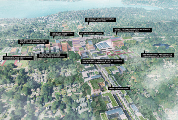 Render depicting aerial of NE 85th Station Area Plan in Kirkland, Washington.