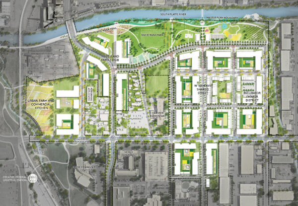 Birds eye Illustrated graphic depicting Sun Valley Redevelopment Master Plan & Healthy Living Initiative, Denver, Colorado.